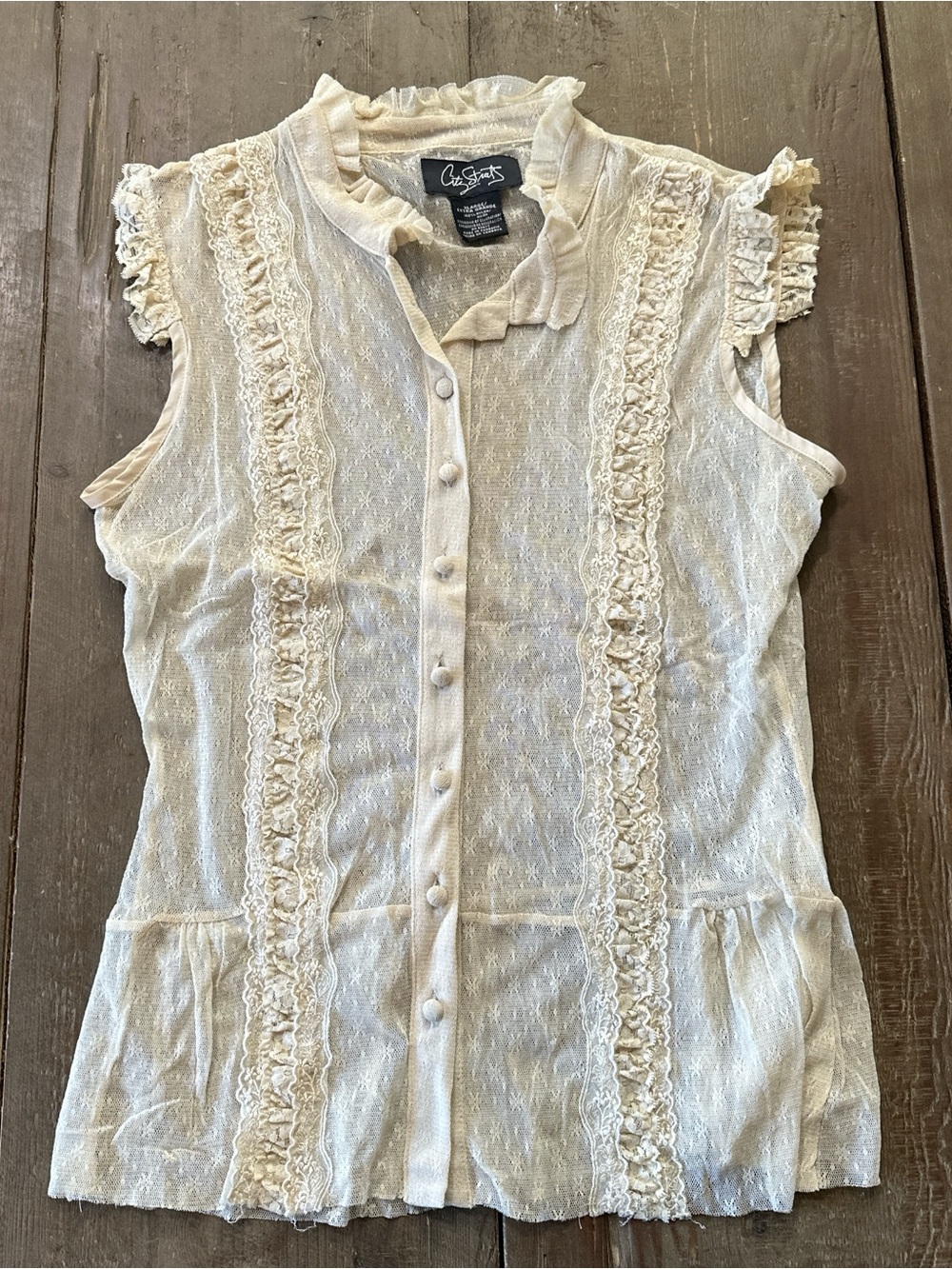 City Streets Cream Ruffled Lace Button-Front Tank